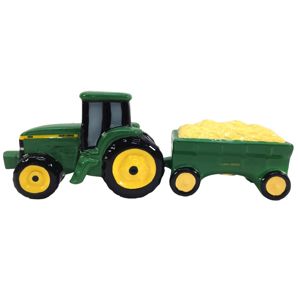 Vintage John Deere Tractor Hay Trailer Salt Pepper Shakers Porcelain/Ceramic